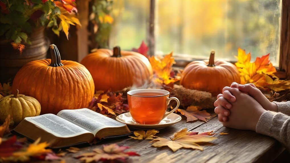 Pumpkins, autumn leaves, a Bible, and a cup of tea on a rustic wooden windowsill in fall. Perfect for spiritual reflection, Bible songs, and cozy fall devotional moments. Ideal image for Christian faith and seasonal inspiration.
