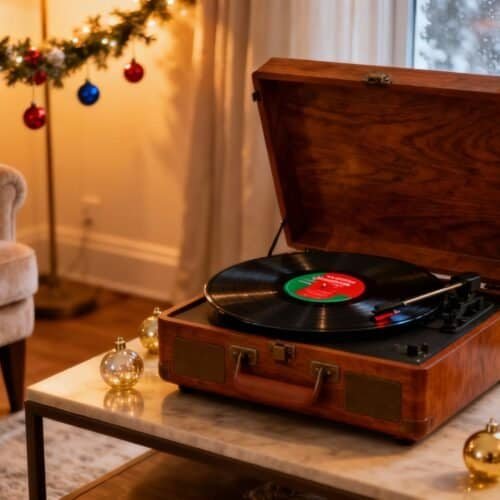 Vintage record player playing Christmas music in cozy living room decorated for the holidays with a Christmas tree and ornaments, creating a warm festive atmosphere.
