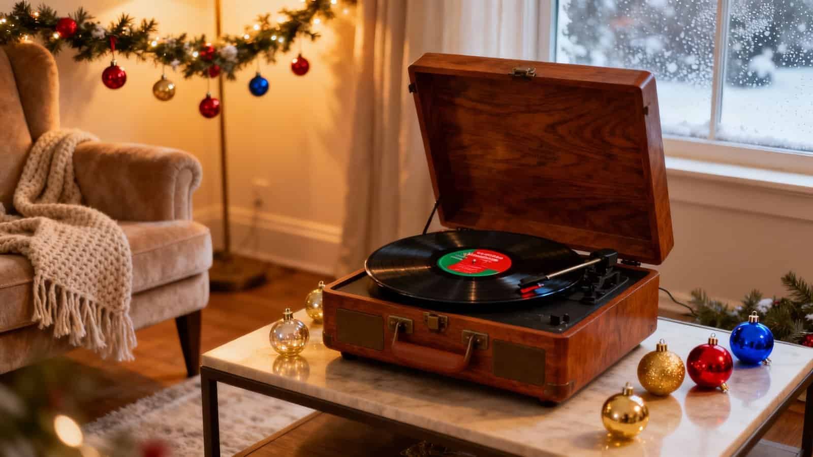 Vintage record player playing Christmas music in cozy living room decorated for the holidays with a Christmas tree and ornaments, creating a warm festive atmosphere.