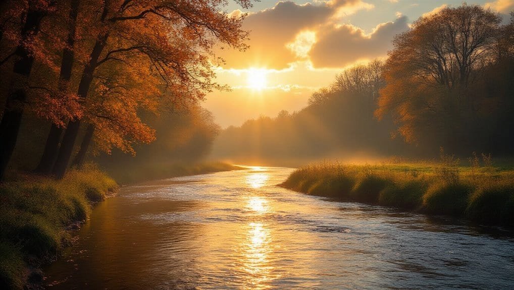 Serene river landscape at sunrise with golden sunlight filtering through autumn trees, creating a peaceful and inspiring scene for religious and spiritual reflection.