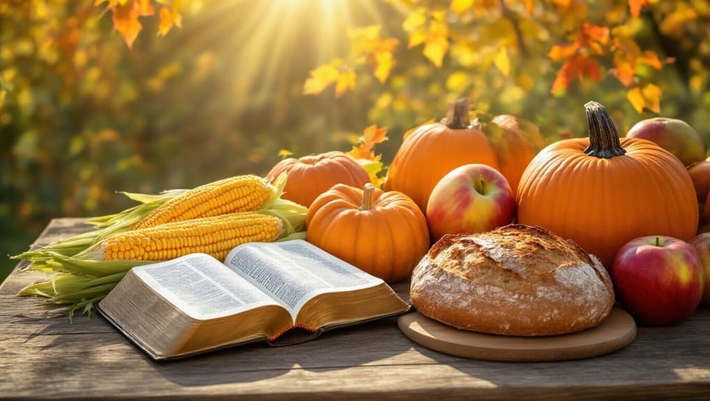 Fresh pumpkins, apples, bread, corn, and an open Bible on a rustic table, symbolizing harvest and spiritual nourishment, inspired by My Bible Song for faith-based music and biblical themes.