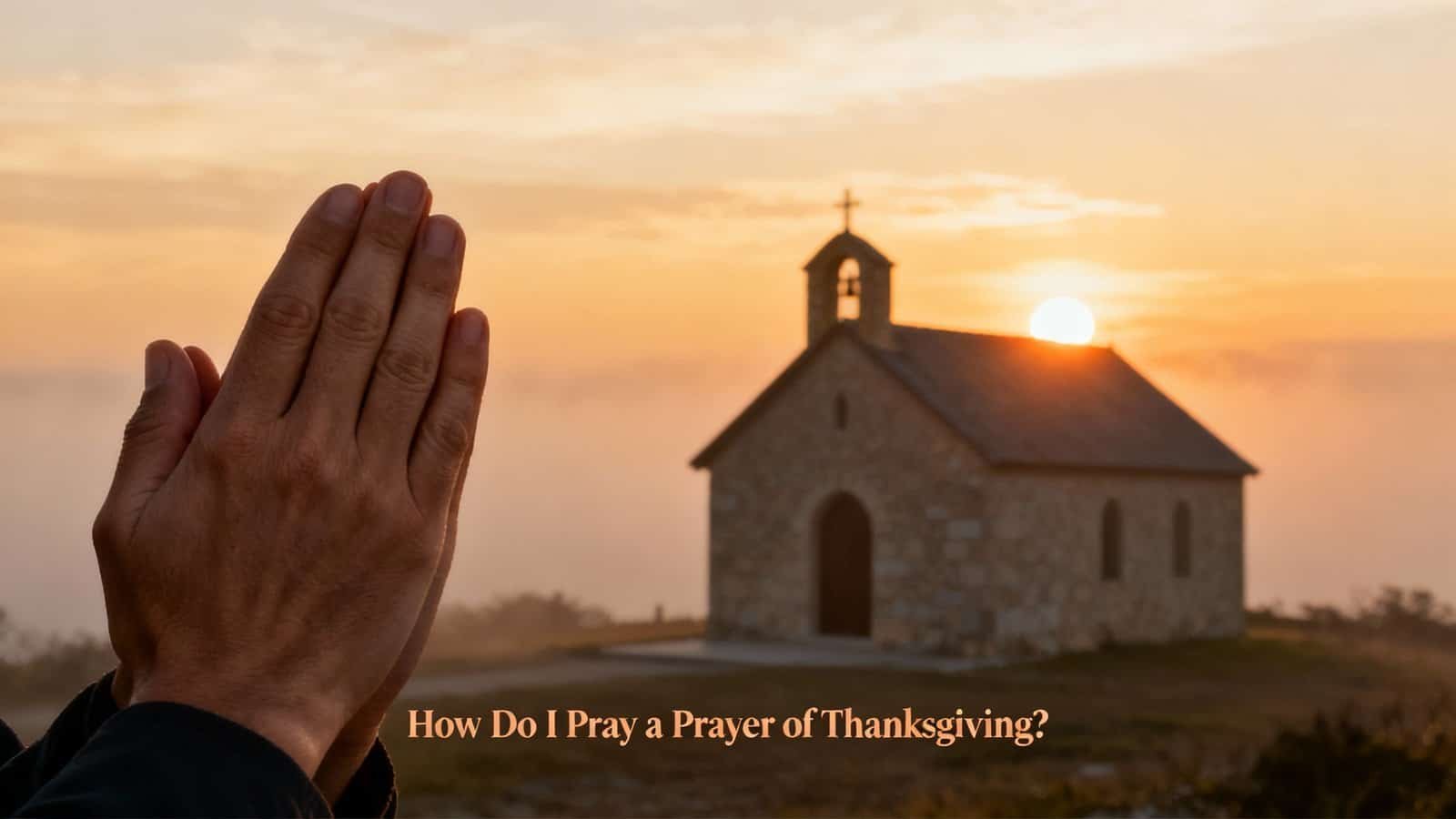 Praying hands in front of a church at sunset, symbolizing faith and gratitude for thanksgiving prayer, with a serene sky. Ideal for Christian prayer, worship, and thanksgiving messages.