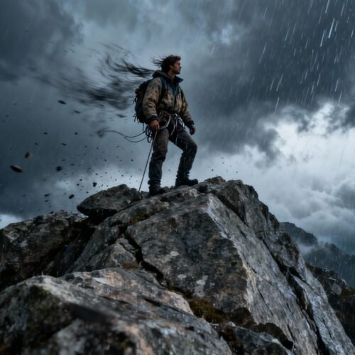 Brave hiker standing on rugged mountain peak during stormy weather, symbolizing faith and perseverance.