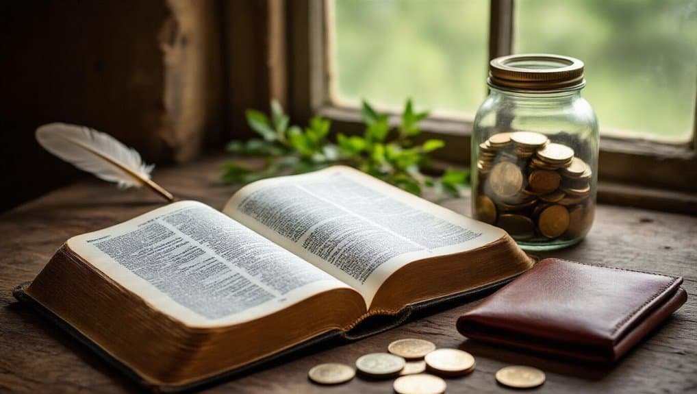 Bible Wisdom on Saving Money for Today’s Budget My Bible Song 2026 Bible open on a wooden table with coins, jar of money, wallet, feather quill, and greenery in front of a window, symbolizing faith, giving, and spiritual savings.