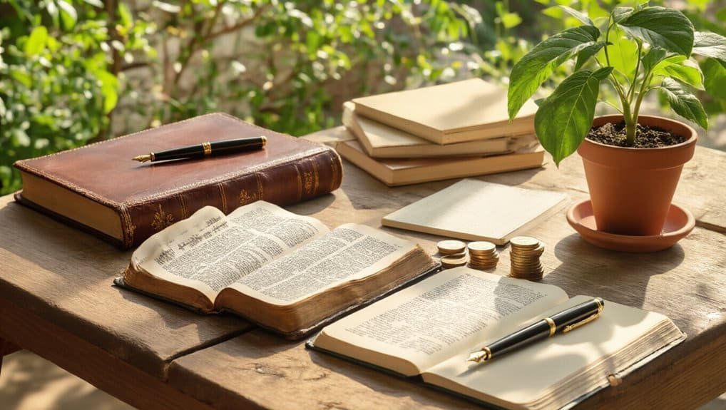 12 Scriptures on Saving Money to Help You Plan and Prosper My Bible Song 2026 Inspirational Bible study scene with open Holy Scriptures, notebooks, coins, and a potted plant on rustic wooden table in natural sunlight. Perfect for faith, prayer, and spiritual growth.