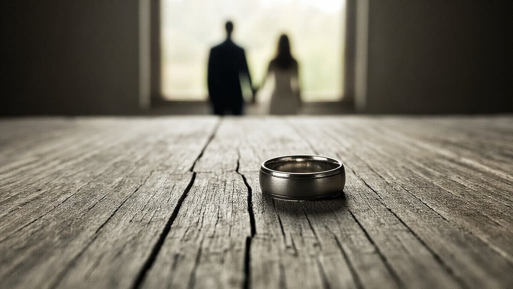 1. Silver wedding band ring on rustic wooden table with blurred couple holding hands in the background, symbolizing love and faith in Christian marriage and biblical vows.