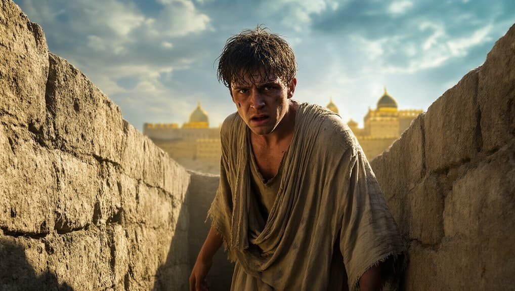 1. Young man in biblical costume struggling in a desert setting with ancient city ruins in the background, symbolizing faith, prayer, and biblical stories.
