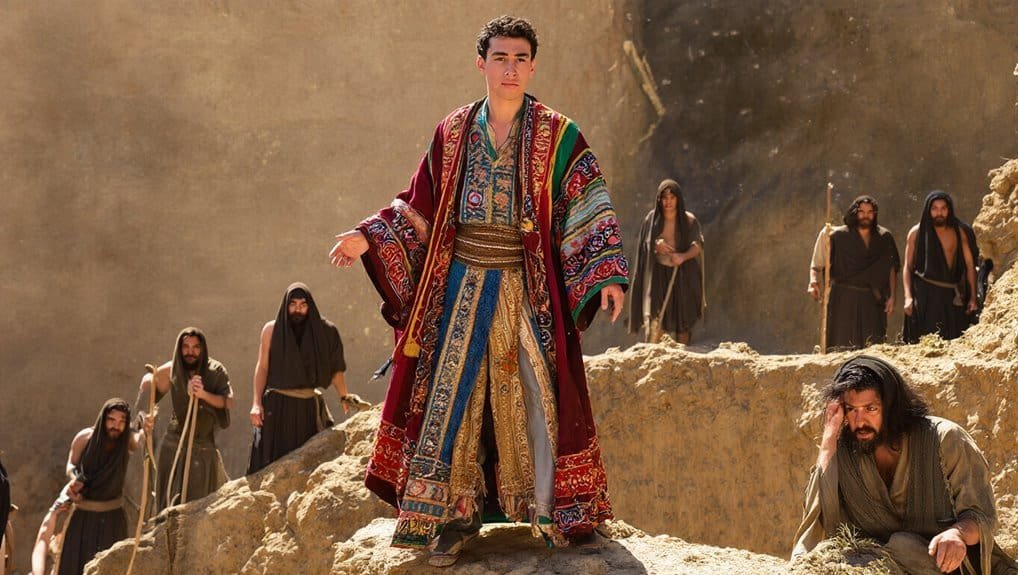 Vivid scene from biblical movie showcasing Jesus in ornate robes surrounded by apostles in desert landscape, emphasizing faith and biblical stories, ideal for Christian educational content and religious inspiration.