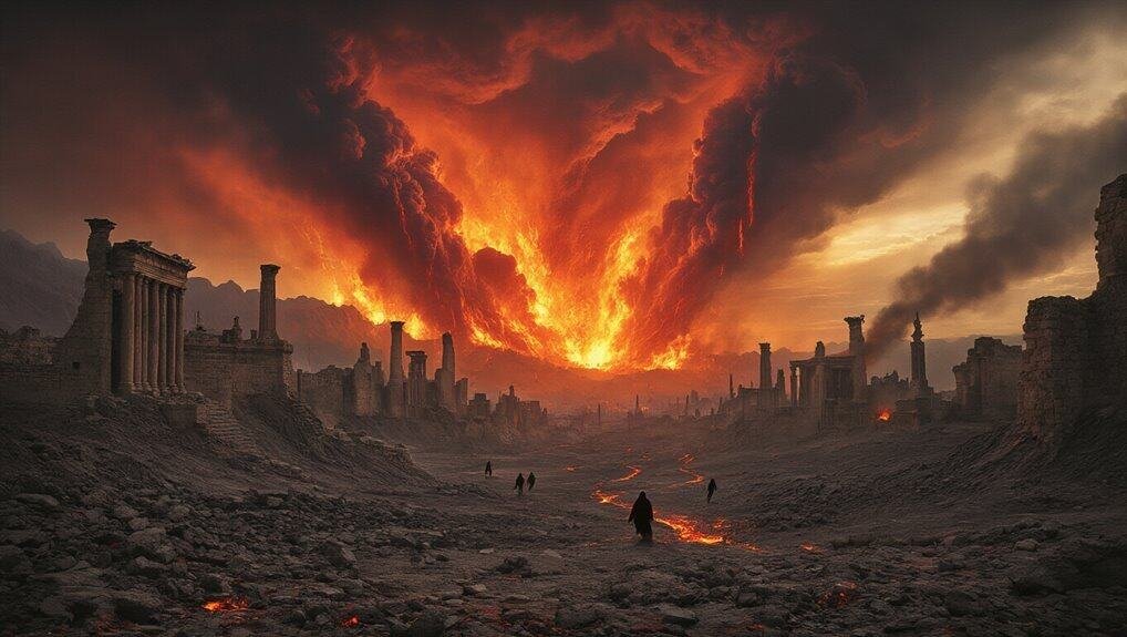 Ashes of Jerusalem with fiery volcanic eruption in the background, symbolizing destruction and renewal in biblical prophecy related to end times and spiritual revival faith.
