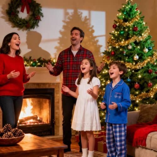 Joyful family singing Christmas carols by decorated Christmas tree in cozy living room during holiday celebration.