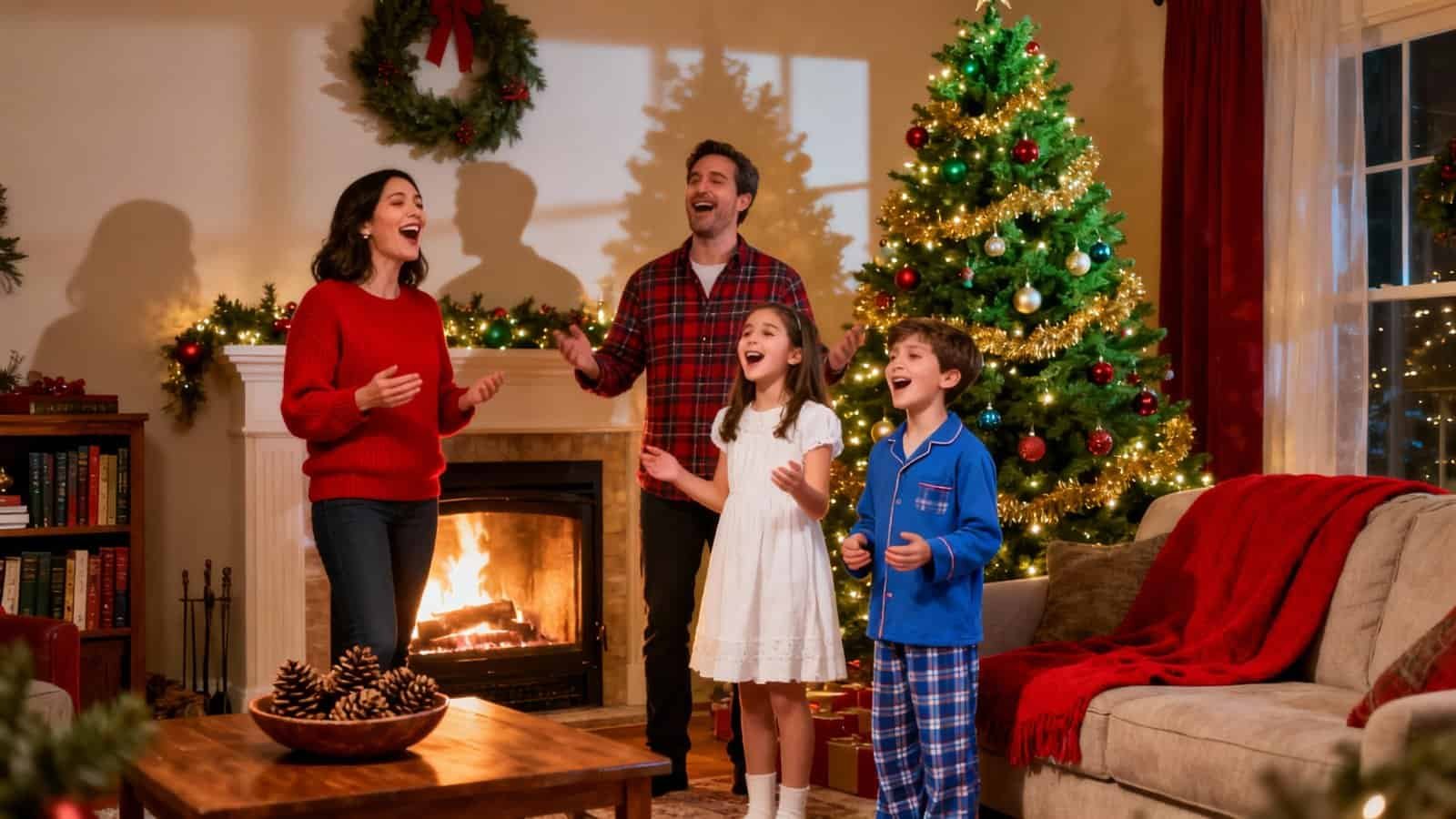 Joyful family singing Christmas carols by decorated Christmas tree in cozy living room during holiday celebration.