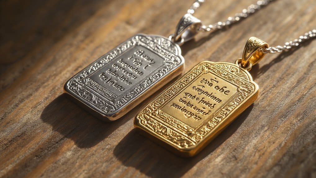 Shiny silver and gold Bible verse necklaces on wooden surface, Christian jewelry with engraved scripture, perfect gift for faith and spiritual inspiration, religious accessories.