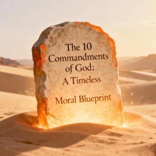 Ancient stone tablet inscribed with "The 10 Commandments of God: A Timeless Moral Blueprint" in a desert landscape at sunset.