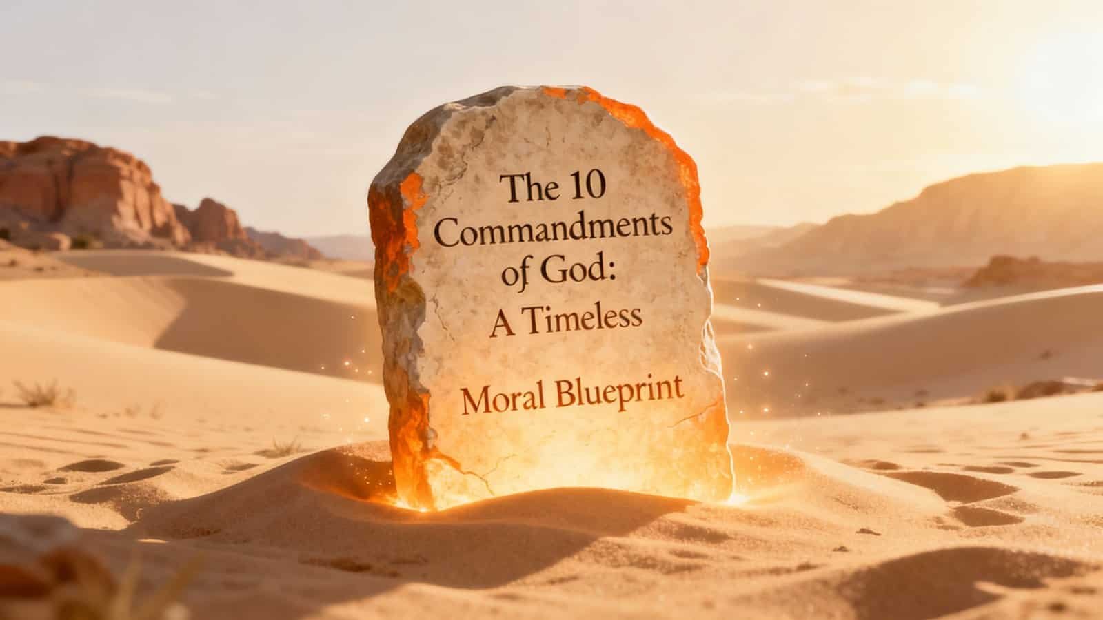 Ancient stone tablet inscribed with "The 10 Commandments of God: A Timeless Moral Blueprint" in a desert landscape at sunset.