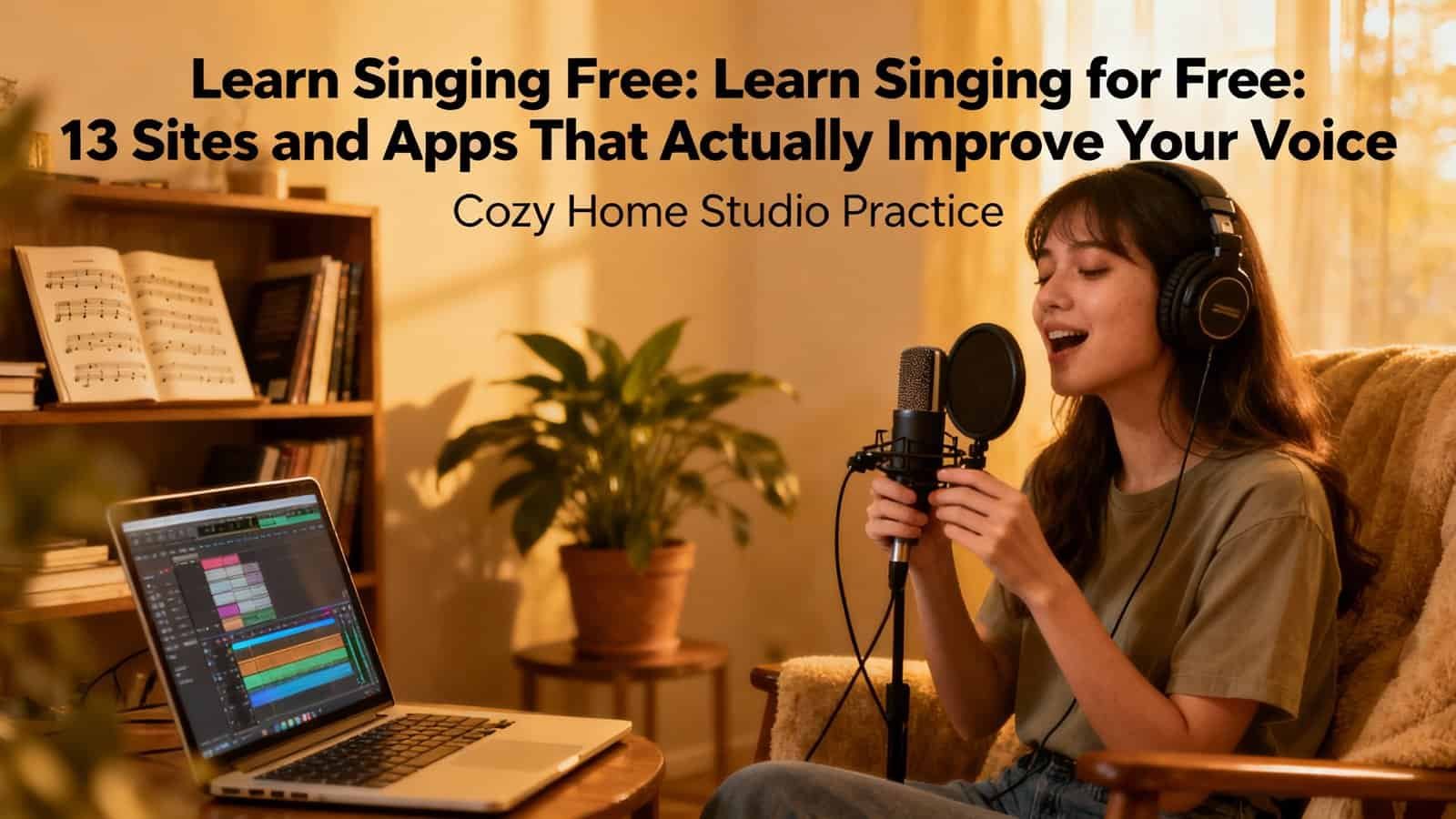 Young woman singing with headphones in cozy home studio, recording gospel song on microphone, with music production laptop and sheet music, promoting learning singing online and improving vocal skills.