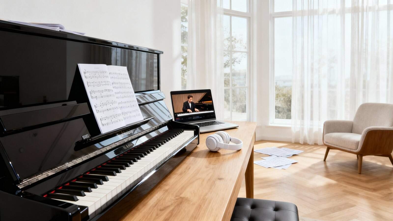 A modern musical workspace with a black piano, sheet music, a laptop showing a pianist, headphones, scattered sheets, and a cozy armchair in a bright, sunlit room for online music lessons or practice.