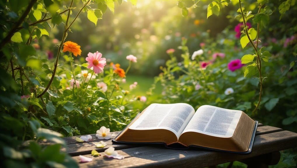 Vibrant garden with blooming pink, orange, and white flowers surrounding an open Bible on a wooden bench, symbolizing faith, spirituality, and the beauty of God's word in nature.