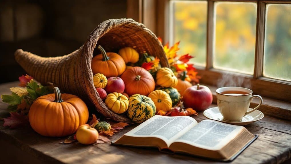 Autumn pumpkins and open Bible on windowsill with warm beverage, seasonal fall decor for Thanksgiving or harvest celebration.