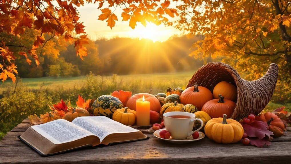 Autumn outdoor scene with a Bible, pumpkins, candle, and coffee on a wooden table, surrounded by fall foliage, symbolizing faith, gratitude, and spiritual reflection.