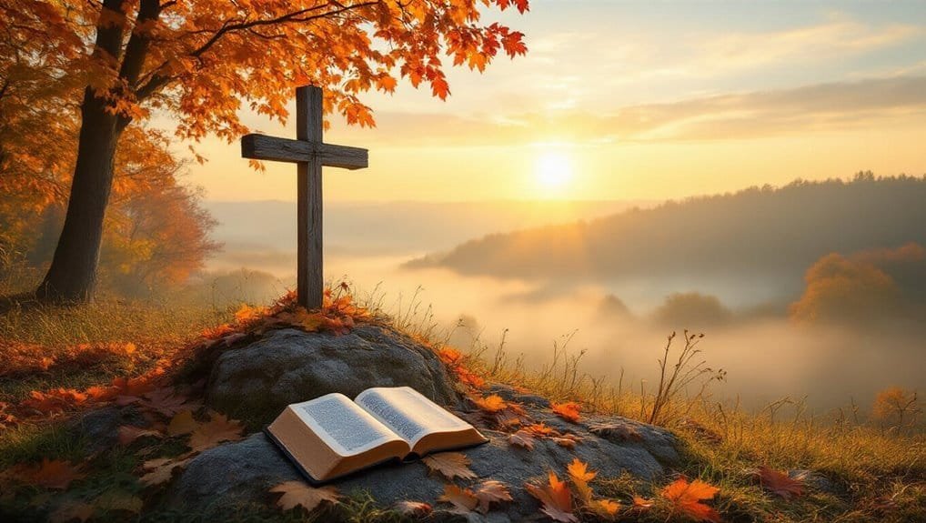 5 Thankful Bible Verses for You My Bible Song 2025 Beautiful outdoor scene with an open Bible, wooden cross, and vibrant autumn leaves during sunrise, symbolizing faith, spirituality, and biblical inspiration for children and families.