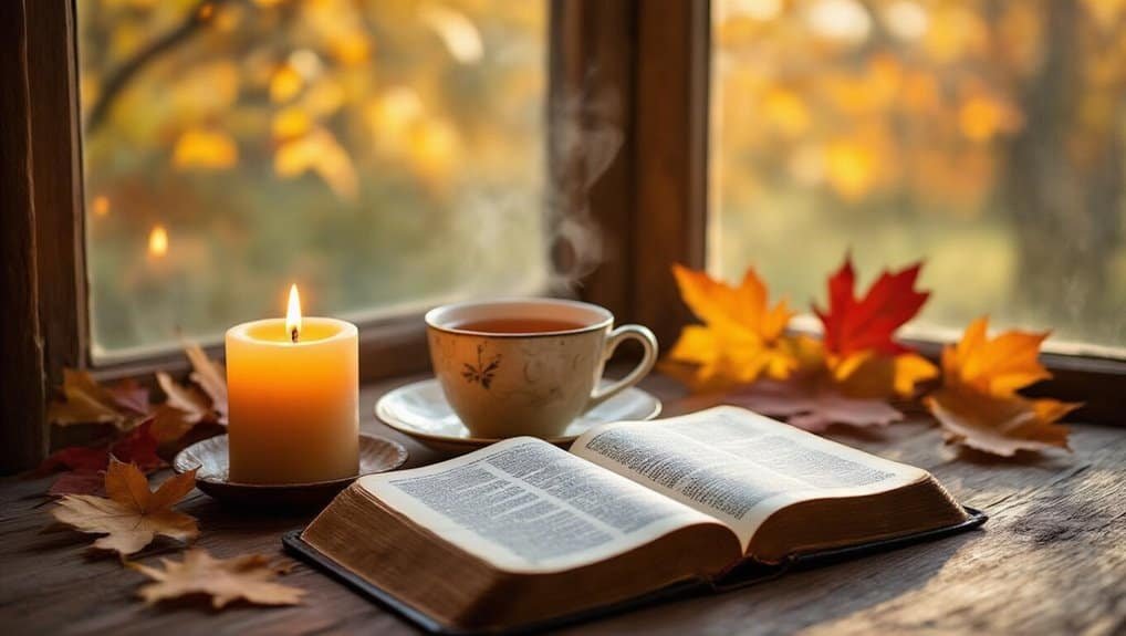 Warm autumn scene with an open Bible, a lit candle, and a steaming cup of tea or coffee on a wooden windowsill, surrounded by colorful fall leaves, creating a peaceful environment for prayer or Bible reading.