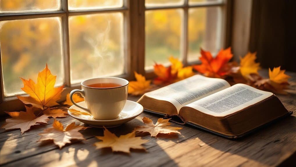 A cozy setup with an open Bible, a cup of tea, and autumn leaves on a wooden windowsill, perfect for devotional prayer and Bible study.