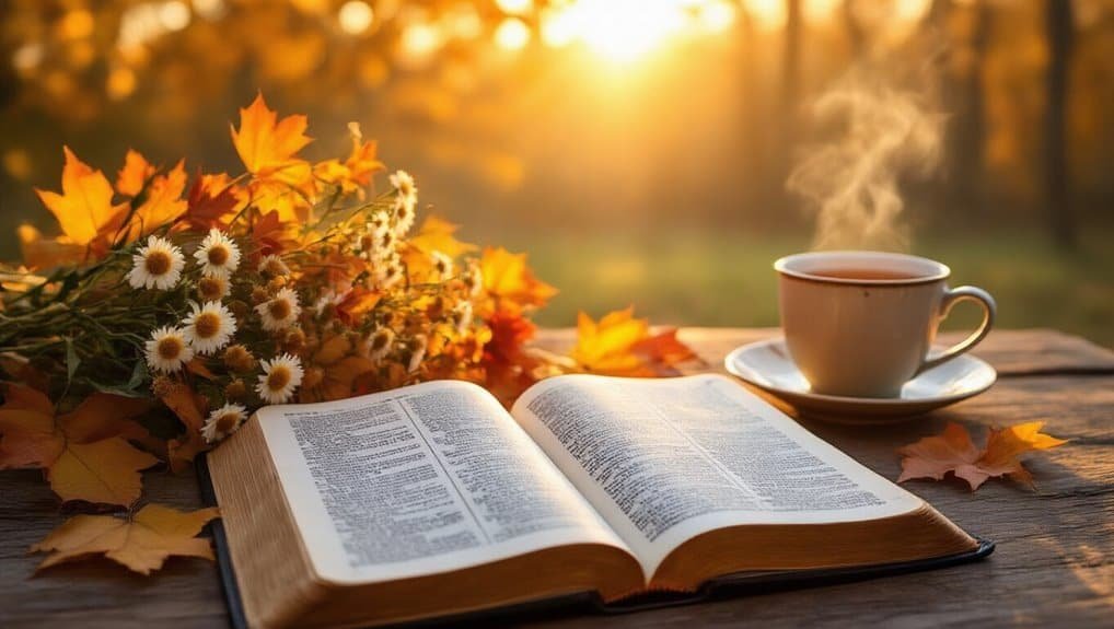 Beautiful autumn scene with an open Bible, a steaming cup of tea, daisies, and colorful fallen leaves, perfect for spiritual reflection and prayer time in nature.