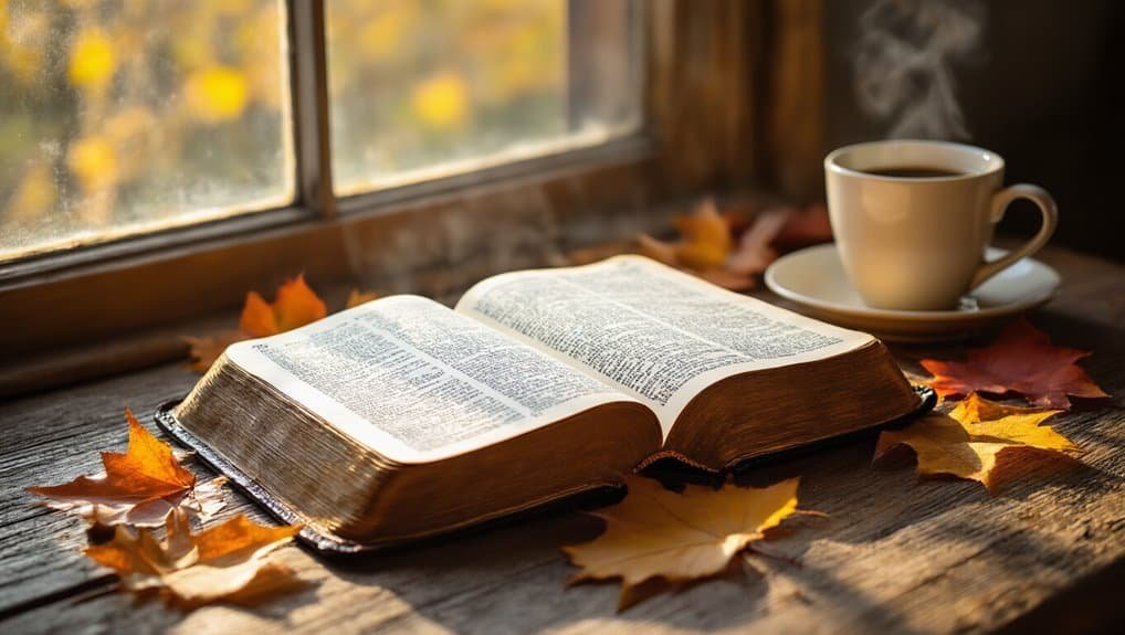5 Thankful Bible Verses for You My Bible Song 2025 Open Bible on rustic wooden table with autumn leaves and steaming coffee, highlighting faith and peaceful moments for spiritual reflection.
