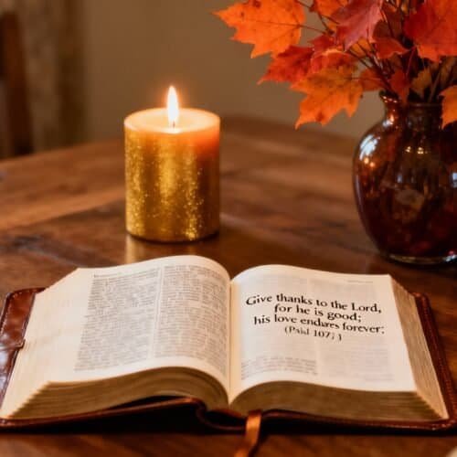 A Bible opened to Psalm 107:1, with a lit candle and a vase of autumn leaves on a wooden table, creating a cozy, spiritual atmosphere for Bible study or prayer.
