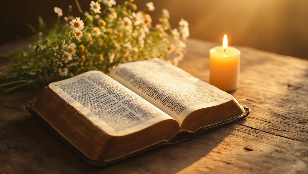 Bible open with for verse reading, candle, and flowers on wooden table, spiritual worship, Christian faith, religious prayer, sacred scripture, peaceful prayer scene.