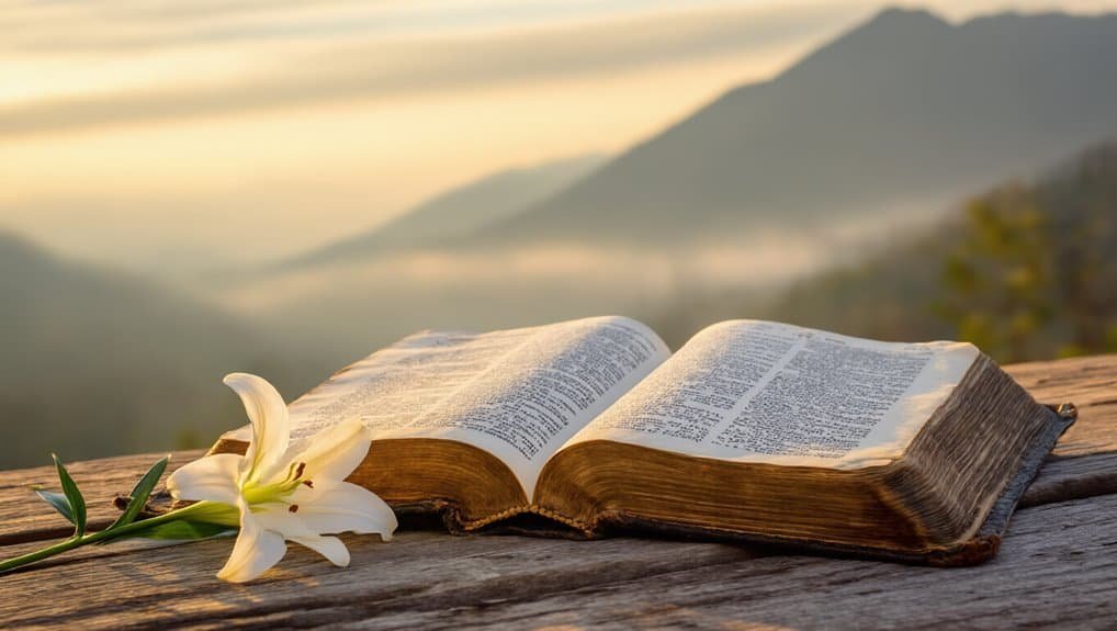 12 Bible Verses for Faith in Hard Times My Bible Song 2026 Open Bible with a lily flower on a wooden surface overlooking mountains in the sunrise or sunset, representing scripture and spiritual nourishment.