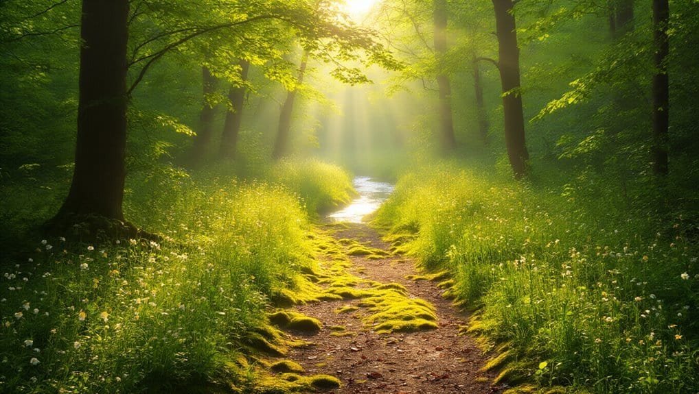 Peaceful forest path with sunlight streaming through trees, lush greenery, and moss-covered ground, creating a serene and calming atmosphere perfect for spiritual reflection and connection with God.