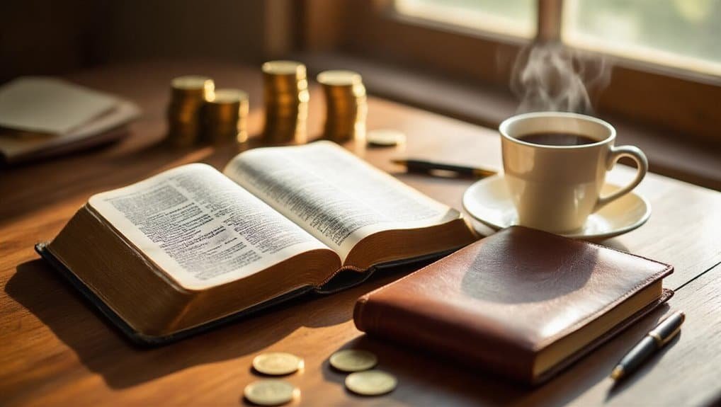 Open Bible with devotional items, coffee, coins on a wooden table, symbolizing faith, spirituality, and daily prayer.