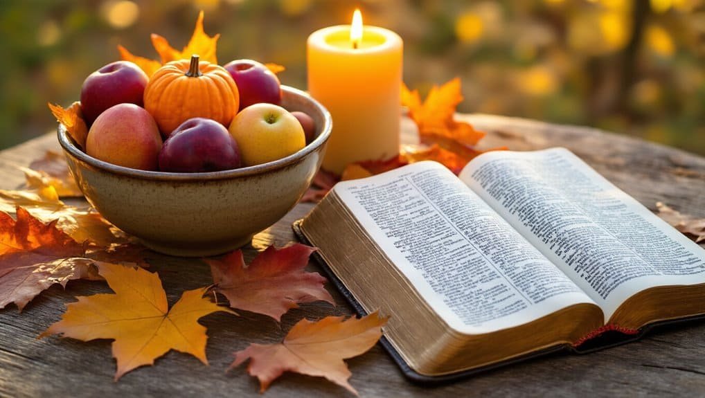 5 Short Bible Verses for Thanksgiving and Gratitude My Bible Song 2025 Fresh autumn apples and pumpkins in a bowl beside an open Bible with fallen leaves and a lit candle, creating a cozy, spiritual fall-themed scene for Bible study and worship.