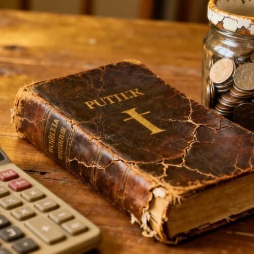 A worn, vintage Bible with "Putin" on the cover, a jar of coins, and a calculator on a rustic wooden table. Perfect for exploring themes of faith, finance, and spirituality in Christian content.