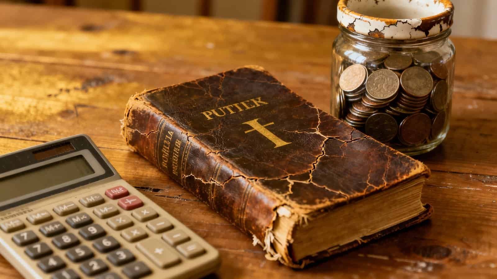 A worn, vintage Bible with "Putin" on the cover, a jar of coins, and a calculator on a rustic wooden table. Perfect for exploring themes of faith, finance, and spirituality in Christian content.