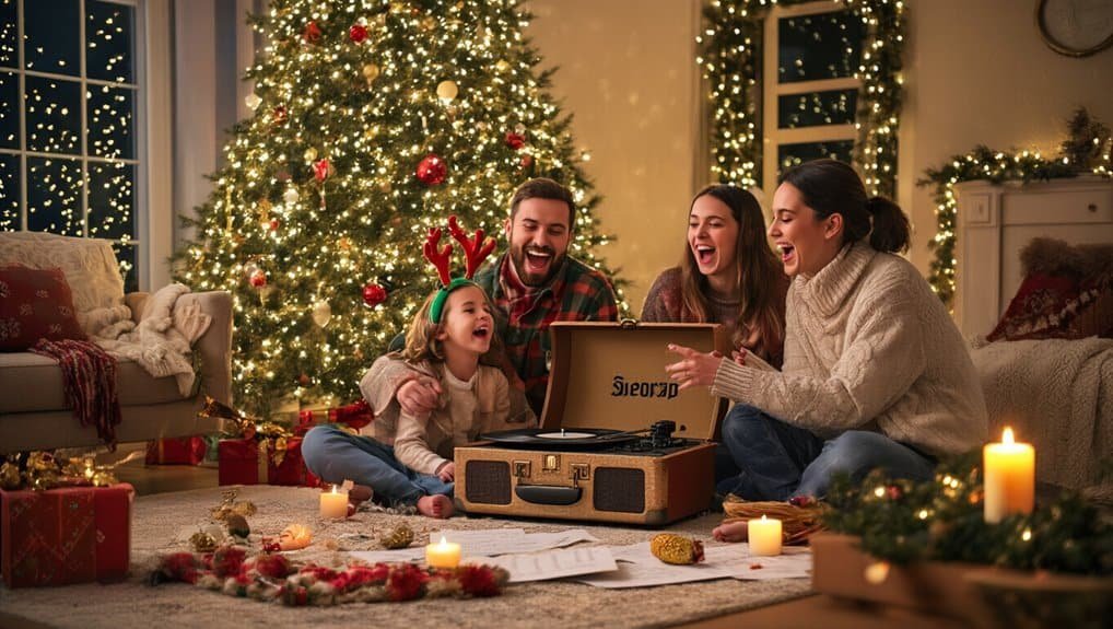 Joyful family singing Christmas carols together with a vintage record player, Christmas tree, and holiday decorations, creating a warm, festive atmosphere for seasonal celebrations.
