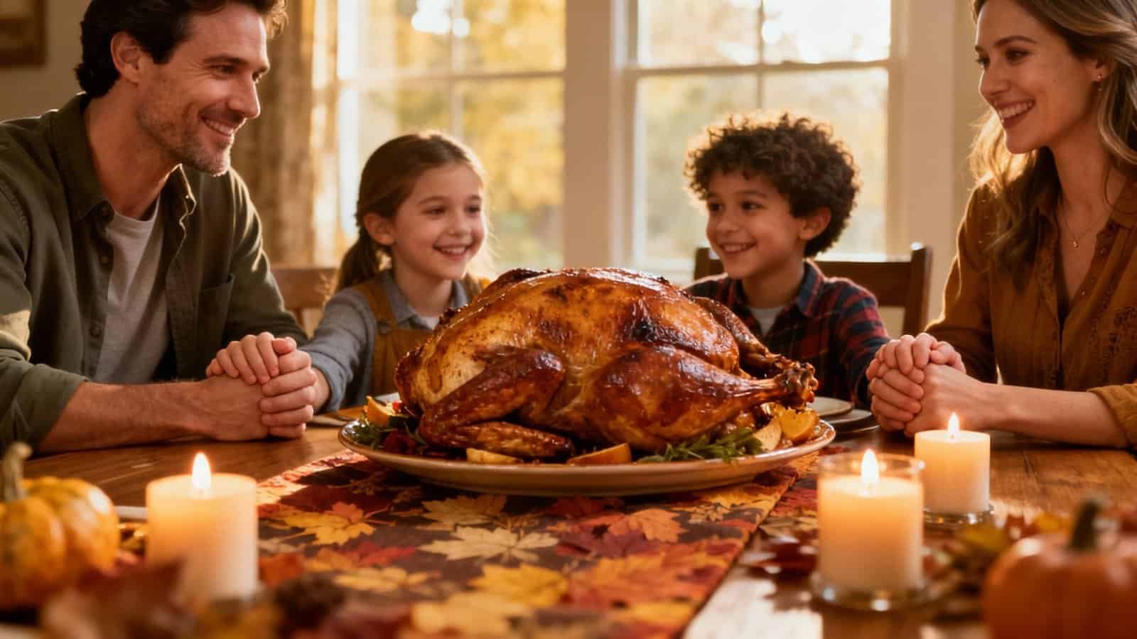 Family praying around Thanksgiving dinner table with turkey, candles, autumn decor, celebrating gratitude and faith, joyful family gathering, love, blessings, thanksgiving prayer, cozy home atmosphere, generational family moment, Christian family tradition.