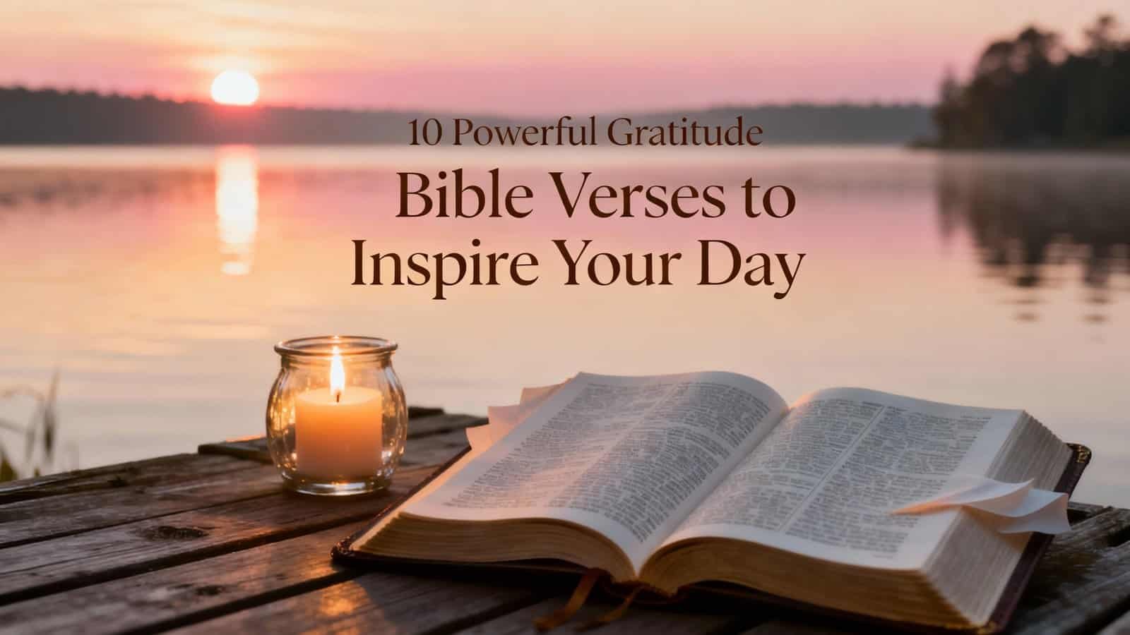 Peaceful scene of an open Bible and lit candle by the lake at sunset, emphasizing inspiring Bible verses for daily faith and gratitude.