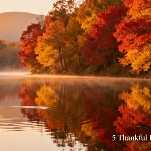 Vibrant autumn trees reflecting on a calm lake during sunrise, illustrating God's creation and beauty, perfect for inspiring Bible verses about gratitude, thankfulness, and God's blessings.