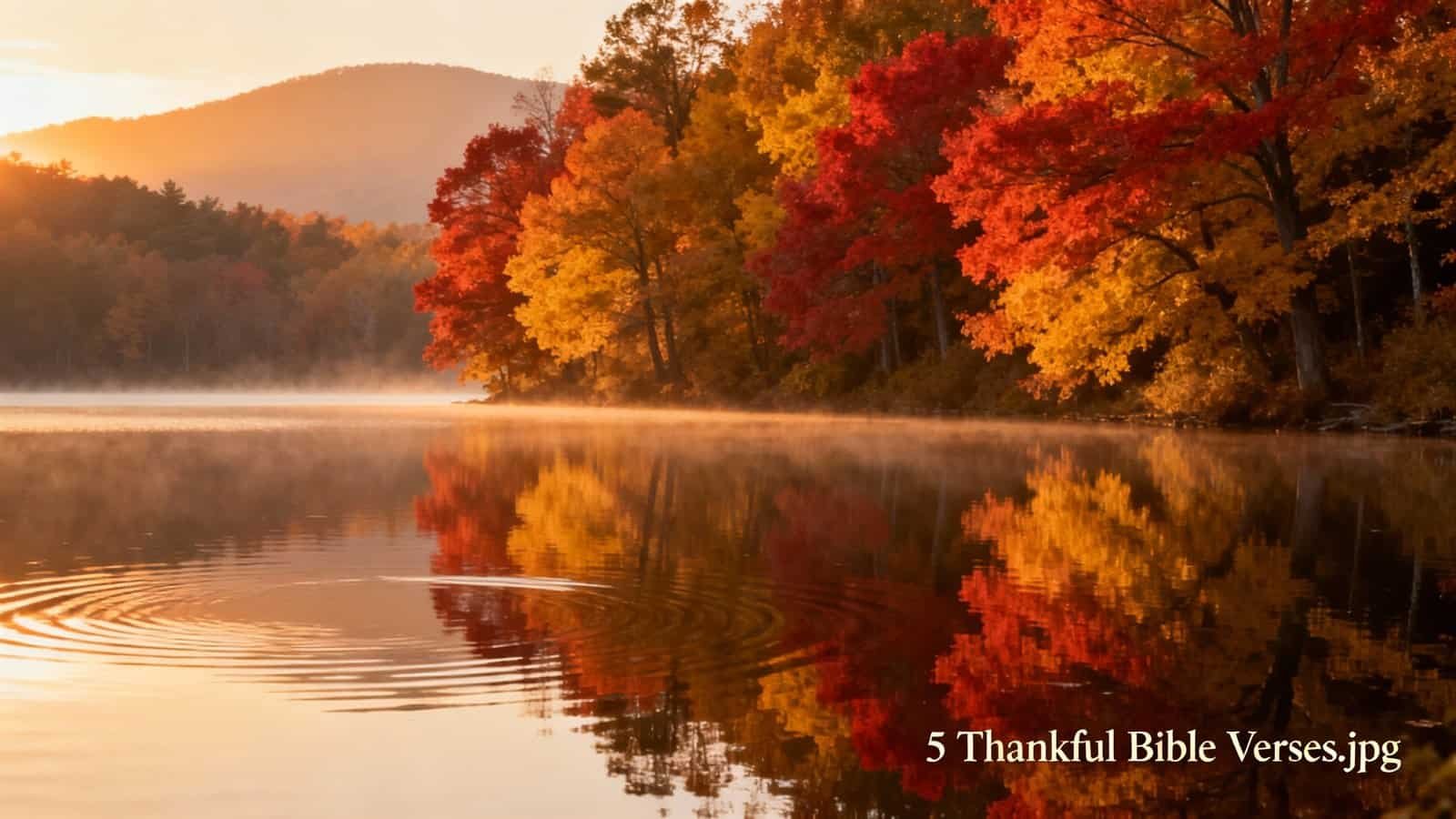 Vibrant autumn trees reflecting on a calm lake during sunrise, illustrating God's creation and beauty, perfect for inspiring Bible verses about gratitude, thankfulness, and God's blessings.
