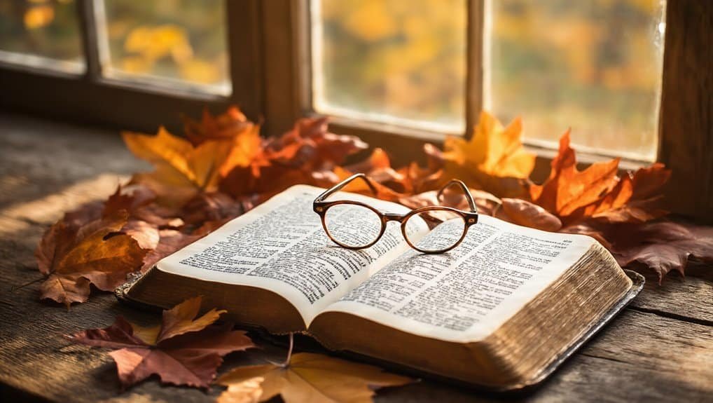 A prayer book or Bible open on a wooden windowsill with reading glasses resting on it, surrounded by colorful autumn leaves, symbolizing faith and spiritual reflection.
