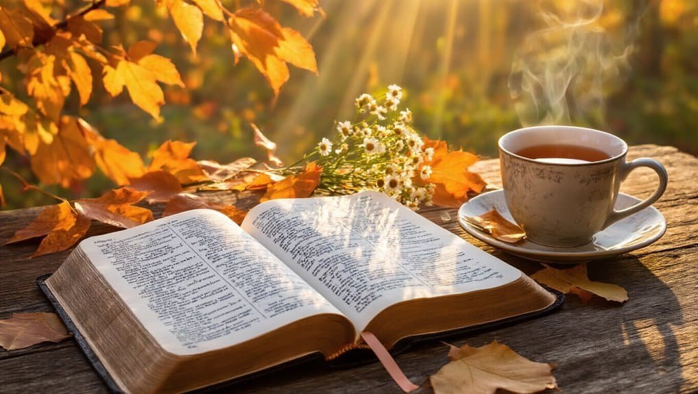 Bible Verses for Thankfulness My Bible Song 2025 Bible reading outdoors with autumn leaves and a steaming cup of tea or coffee, inspiring faith and reflection, perfect for spiritual growth through My Bible Song devotional content.