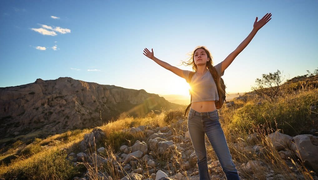Youth girl outdoors raising arms in nature at sunset, carefree, joyful, spiritual connection, freedom, adventure, peaceful mountain landscape, sunny sky, My Bible Song inspiration, faith in God's beauty.