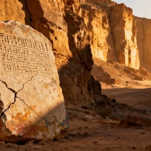 The 10 Commandments in the Bible Text, Context, and Interpretation My Bible Song 2026 Ancient Egyptian hieroglyphics engraved on a stone tablet in a desert canyon at sunset.