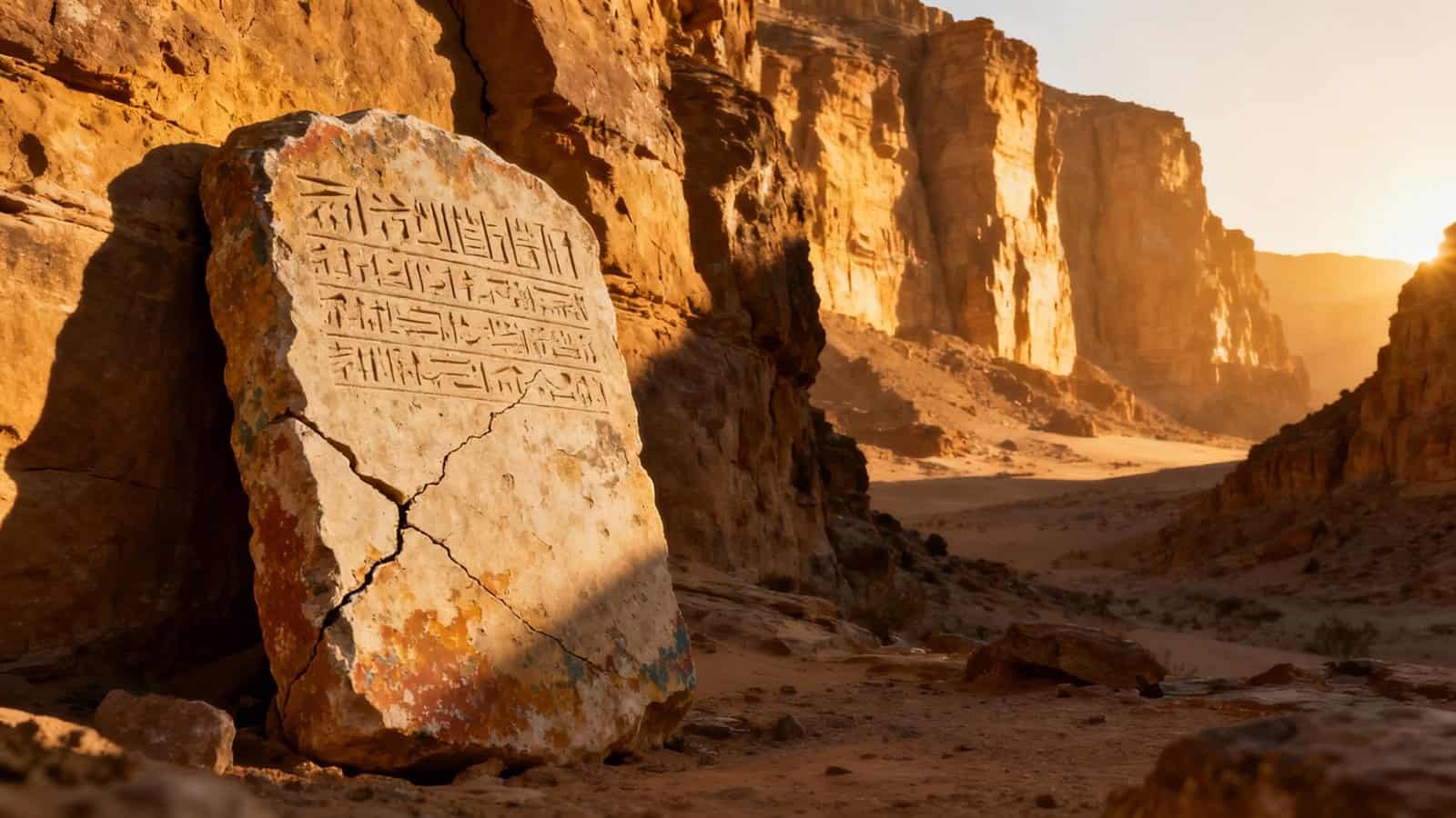 Ancient Egyptian hieroglyphics engraved on a stone tablet in a desert canyon at sunset.