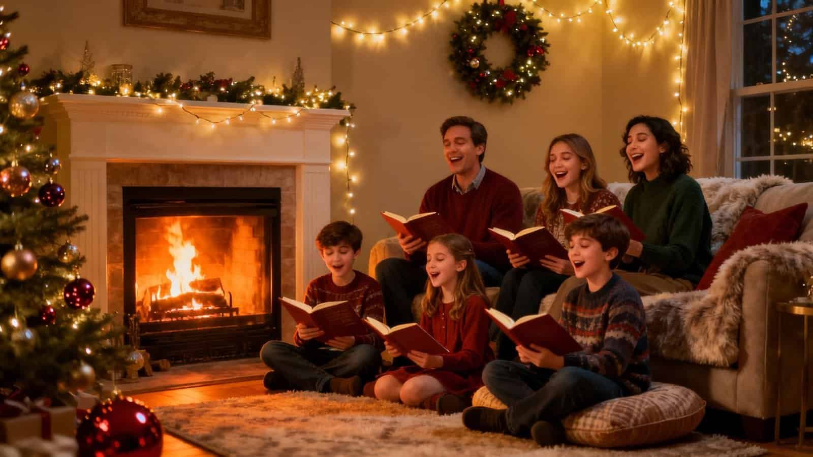 Festive family singing Christmas carols by the fireplace, decorated with lights and ornaments, creating a warm holiday atmosphere.