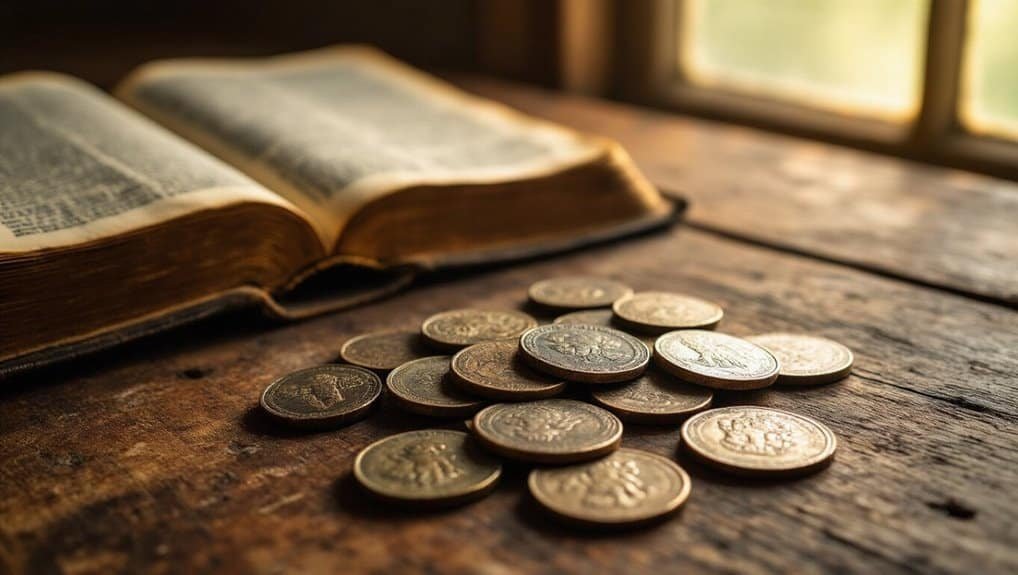 Open Bible on wooden table with scattered coins, symbolizing faith and value of God's Word. Suitable for Christian prayer, Bible study, and spiritual growth themes.