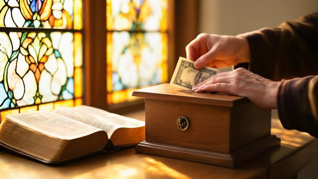 Offering donation to church with open Bible and stained glass background, emphasizing faith, worship, and giving in Christian practice.