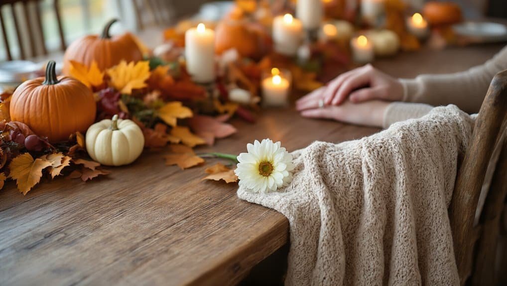 Pumpkin and autumn-themed table decorations with candles and floral accents for a cozy fall celebration.